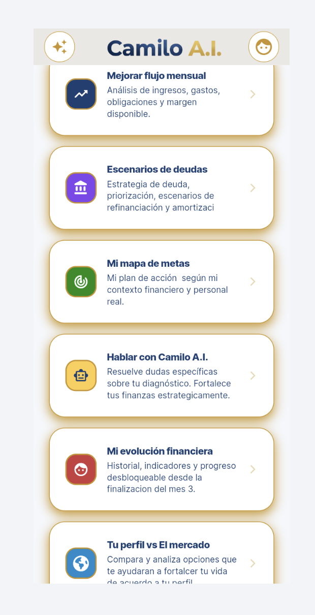 Módulos de Camilo A.I. en la app